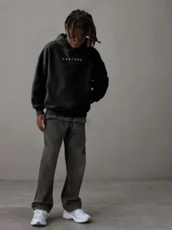 Noir/Blanc - Sweat à capuche oversize en coton épais avec logo Castore