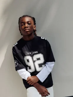 Noir/Blanc - T-shirt universitaire à manches courtes et longues Ensemble 2 pièces (3-16ans)