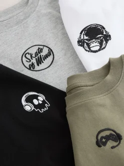 Noir/Blanc/Gris Marl/Kaki - Lot de 4 petits t-shirts graphiques à manches longues (3-16ans)