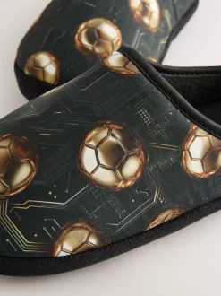 Noir/doré motif football - Mules chaussons doublées chaudes