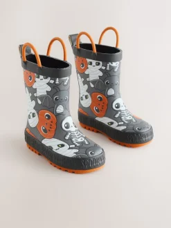 Noir/Orange Halloween - Bottes de pluie à poignée