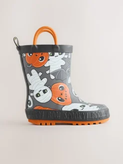 Noir/Orange Halloween - Bottes de pluie à poignée