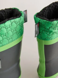 Noir/Vert - Bottes de pluie Minecraft à doublure chaude