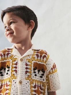 Orange/tigre neutre - Polos tricotés à col rond (Crochet Revere) Manches courtes (12mths-7yrs)