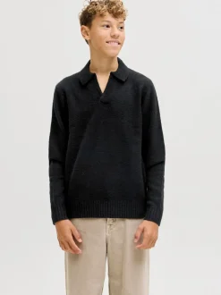 Pull noir en maille à col fendu JACK & JONES Junior