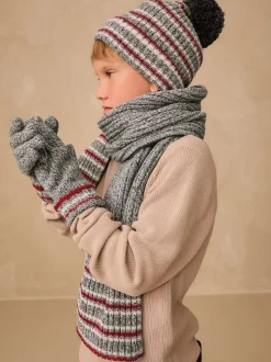 Rayure grise/Rouge - Ensemble chapeau, écharpe et gants 3 pièces (3-16ans)
