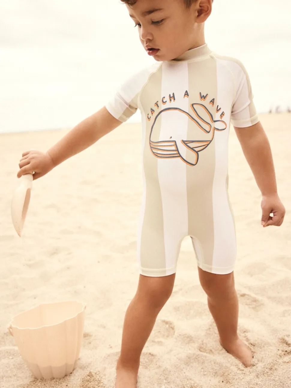 Rayures blanches neutres - Maillot de bain Sunsafe All-In-One (3mths-7yrs)
