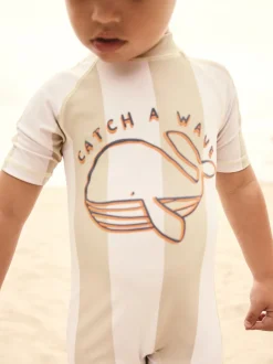 Rayures blanches neutres - Maillot de bain Sunsafe All-In-One (3mths-7yrs)