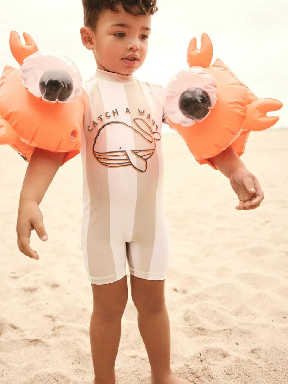Rayures blanches neutres - Maillot de bain Sunsafe All-In-One (3mths-7yrs)