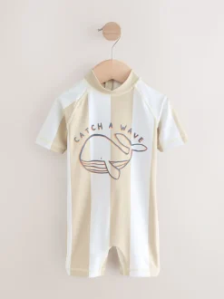 Rayures blanches neutres - Maillot de bain Sunsafe All-In-One (3mths-7yrs)