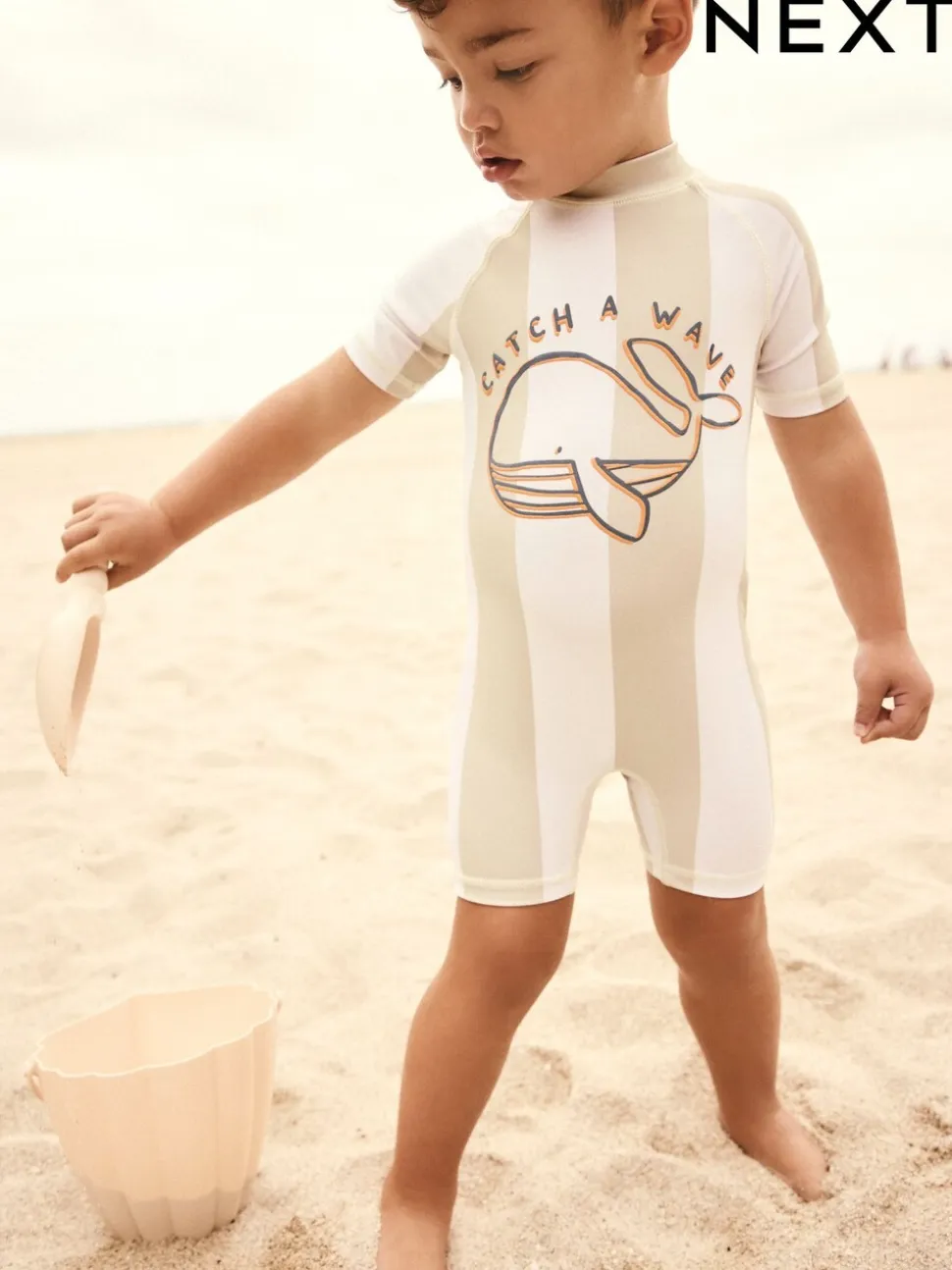 Rayures blanches neutres - Maillot de bain Sunsafe All-In-One (3mths-7yrs)