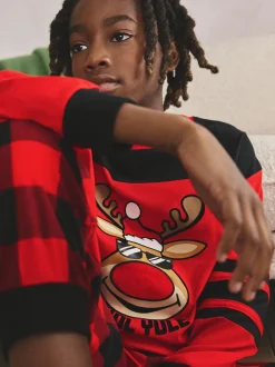 Renne à carreaux rouge - Pyjama de Noël simple (5-16ans)