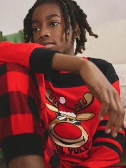 Renne à carreaux rouge - Pyjama de Noël simple (5-16ans)
