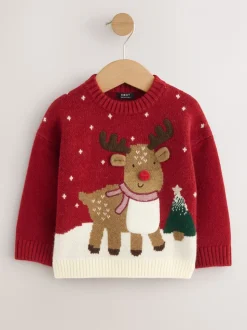 Renne Rouge lumineux - Pull de Noël en maille (3 mois-7 ans)
