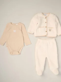 Rock-A-Bye Baby Boutique Ensemble 3pièces blanc veste en peluche, Body et Pantalons à pieds