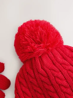 Rouge - Superdry Ensemble bonnet et Gants à pompons