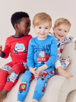 Rouge/bleu motif véhicules d'urgence - Lot de 3 pyjamas Snuggle courts (9mois-10ans)