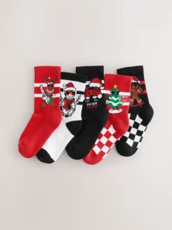 Rouge/Noir - Lot de 5 chaussettes de Noël riches en coton