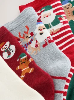 Rouge/vert - Lot de 5 chaussettes de Noël riches en coton