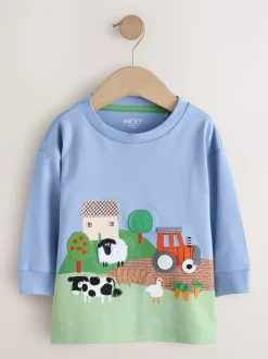 Scène de ferme verte - T-shirt appliqué à manches longues (3 mois-7 ans)