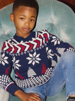 The Little Tailor pull en coton fairisle multicolore de Noël bleu enfant