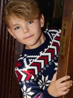 The Little Tailor pull en coton fairisle multicolore de Noël bleu enfant