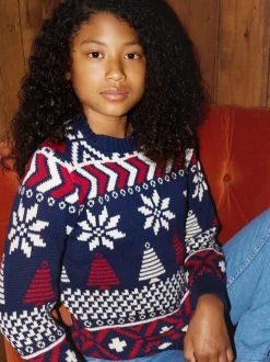 The Little Tailor pull en coton fairisle multicolore de Noël bleu enfant