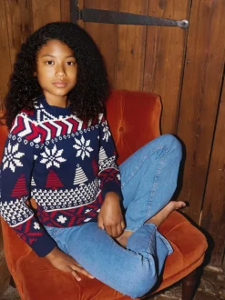 The Little Tailor pull en coton fairisle multicolore de Noël bleu enfant