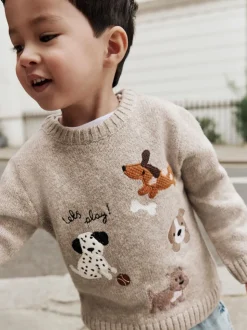Ton neutre motif chiens - Pull col rond en maille (3mois-7ans)
