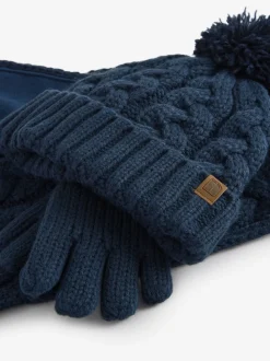 Tricot torsadé bleu marine - Ensemble 3 pièces chapeau, gants et écharpe (3-16ans)