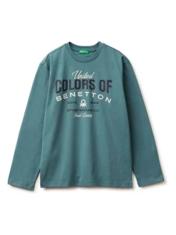 T-shirt Benetton bleu à manches longues avec logo imprimé