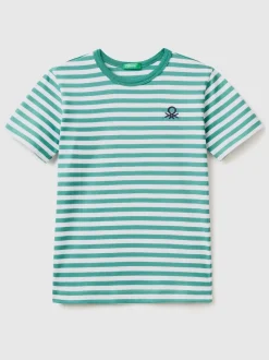 Vert - Benetton Garçons T-shirt rayé avec logo en 100% coton