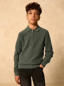 Vert - Polo en maille à manches longues et col zippé (3-16ans)