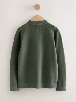 Vert - Polo en maille à manches longues et col zippé (3-16ans)