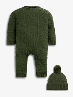 Vert - The Little Tailor Bébé 100% Cotton Cable Knit Romper And Chapeaux Gift Set