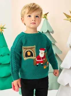 Vert imprimé Père Noël - Pull de Noël en maille (3 mois-7 ans)