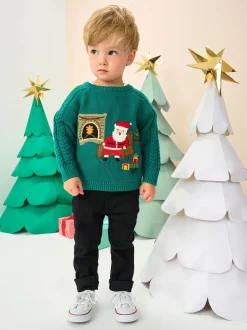 Vert imprimé Père Noël - Pull de Noël en maille (3 mois-7 ans)