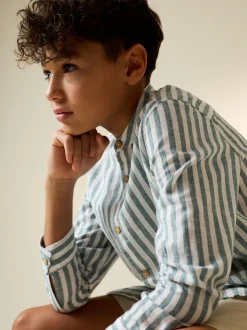 Vert/Écru Rayure - Chemise à manches longues Grandad Collar Lin Mix (3-16yrs)