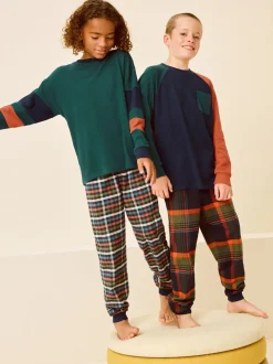 Vert/orange - Lot de 2 pyjamas en tissu à carreaux à manches longues (3-16ans)