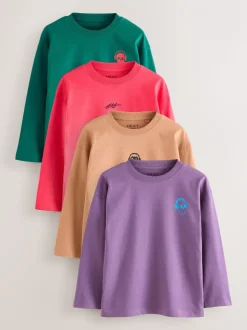 Vert/Rouge/Camel/Violet - Lot de 4 petits t-shirts graphiques à manches longues (3-16ans)