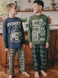 Véhicule bleu/vert - Lot de 2 pyjamas en tissu à carreaux à manches longues (3-16ans)