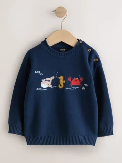 Vie marine bleu marine - Personnage Pull Col rond en maille (3mois-7ans)