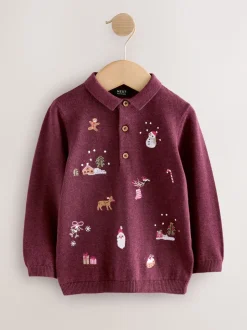 Violet prune - Polo de Noël en maille brodé sur l’ensemble (3mois7ans)